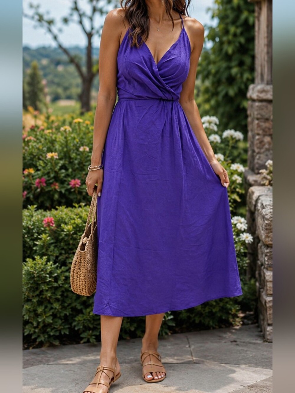 FRNCH Purple Linen Blend Viscose Cutout Maxi Dress Spaghetti Strap Wrap Front